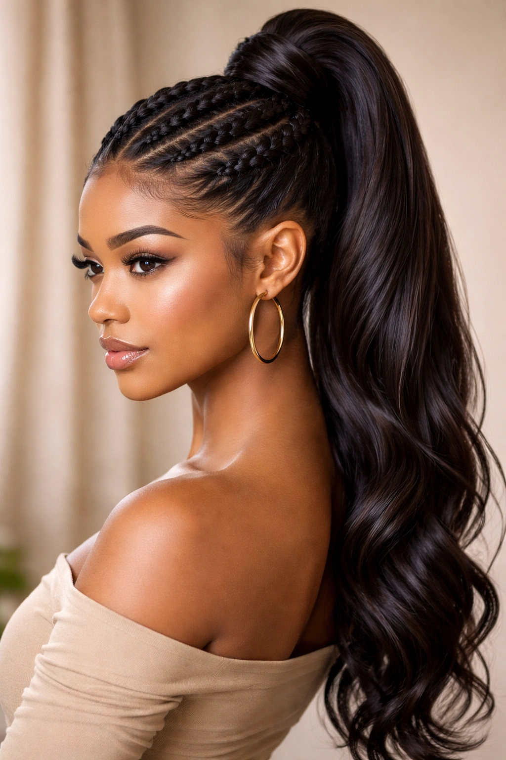 Twisted crown ponytail with twists around the crown leading into a ponytail