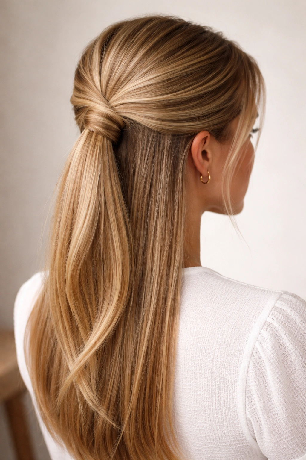 Side view of half-up twisted crown forming a ponytail base.