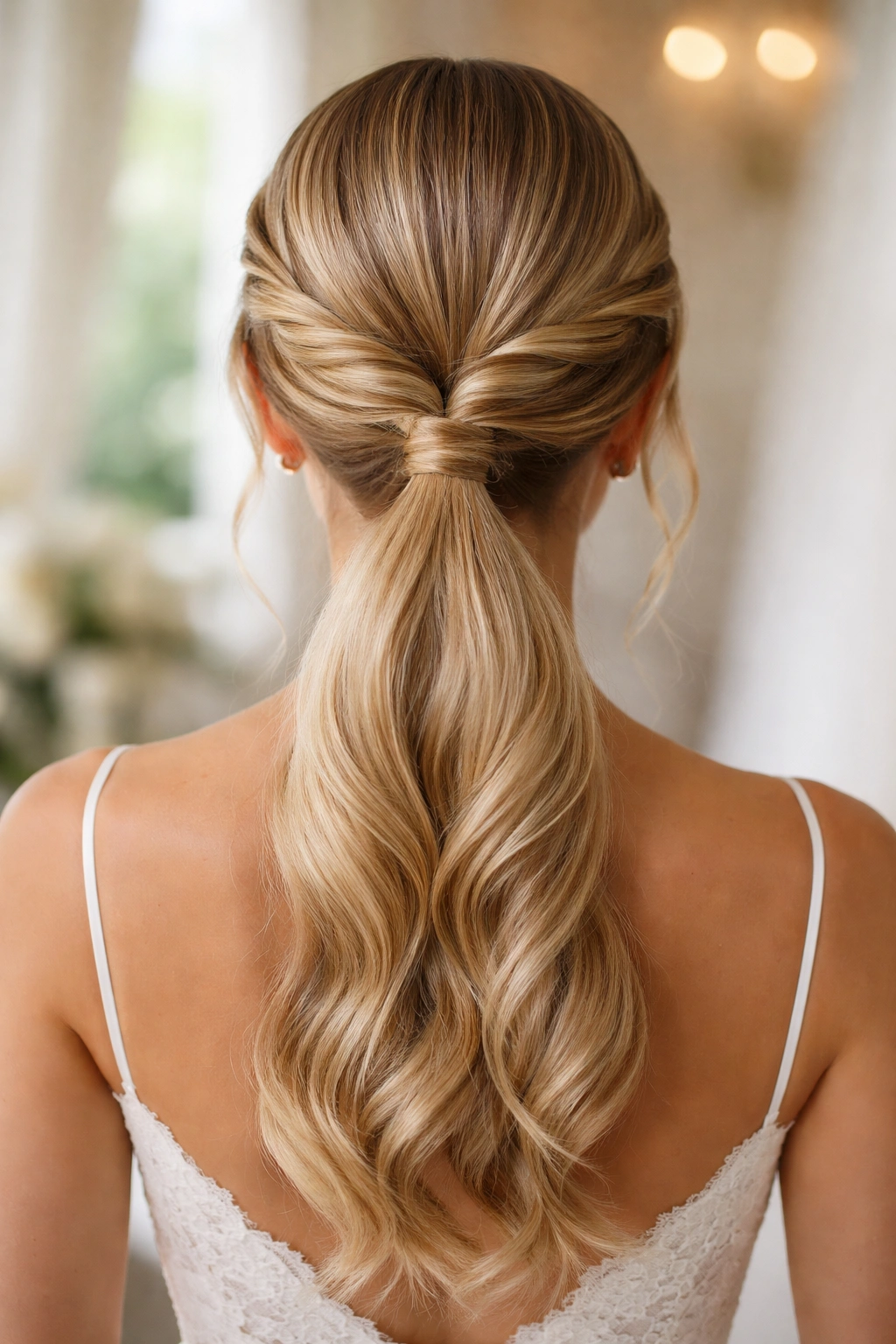 Twisted crown ponytail with two spiral twists framing the head