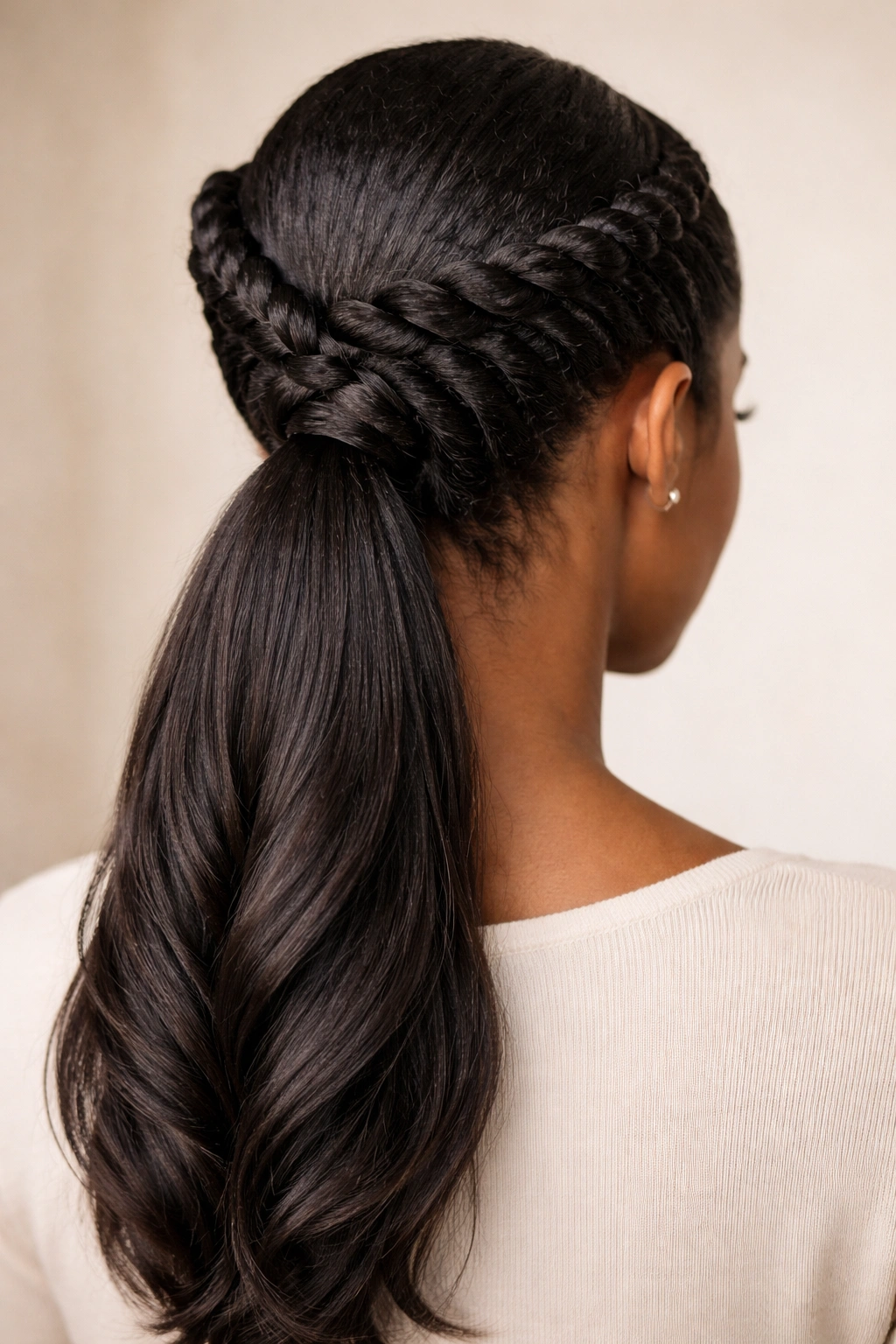 Close-up of a twisted crown ponytail forming a halo around the head and a back ponytail.