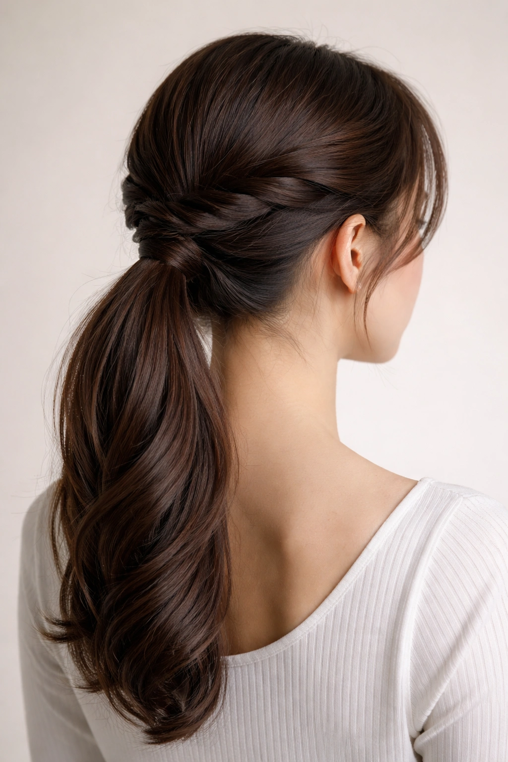 Low ponytail with a twisted crown detail across the crown of the head