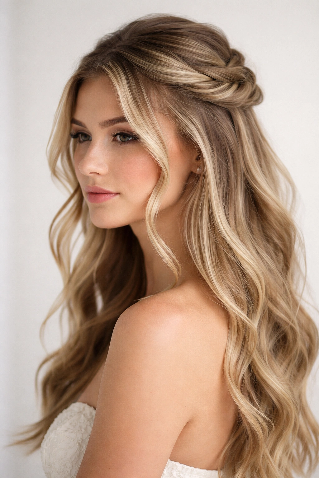 Twisted crown hairstyle with face-framing strands front.