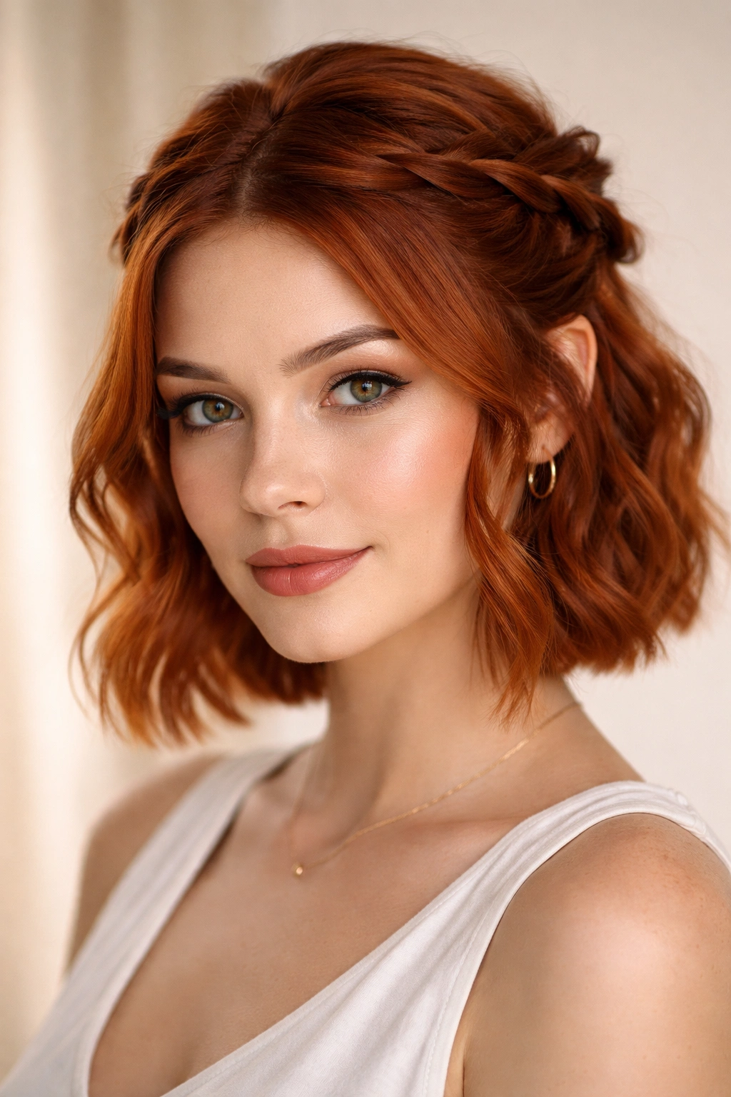 Close-up of short red hair styled in a loose twisted crown highlighting color and texture