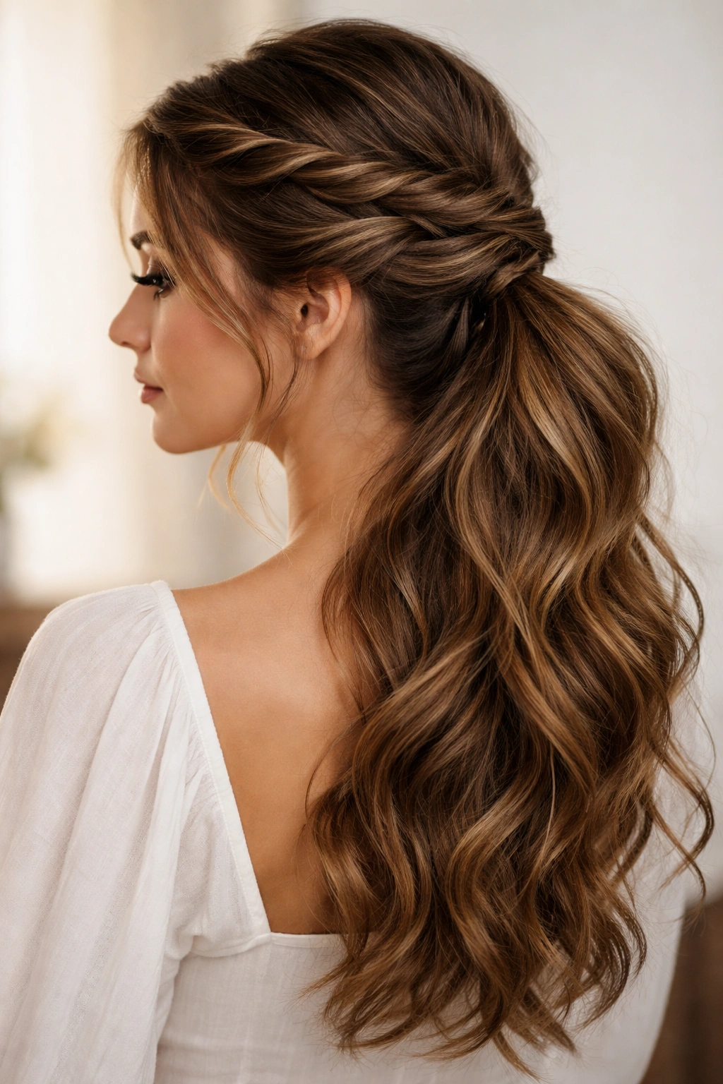 Full view of twisted crown with side-fall ponytail on wavy hair