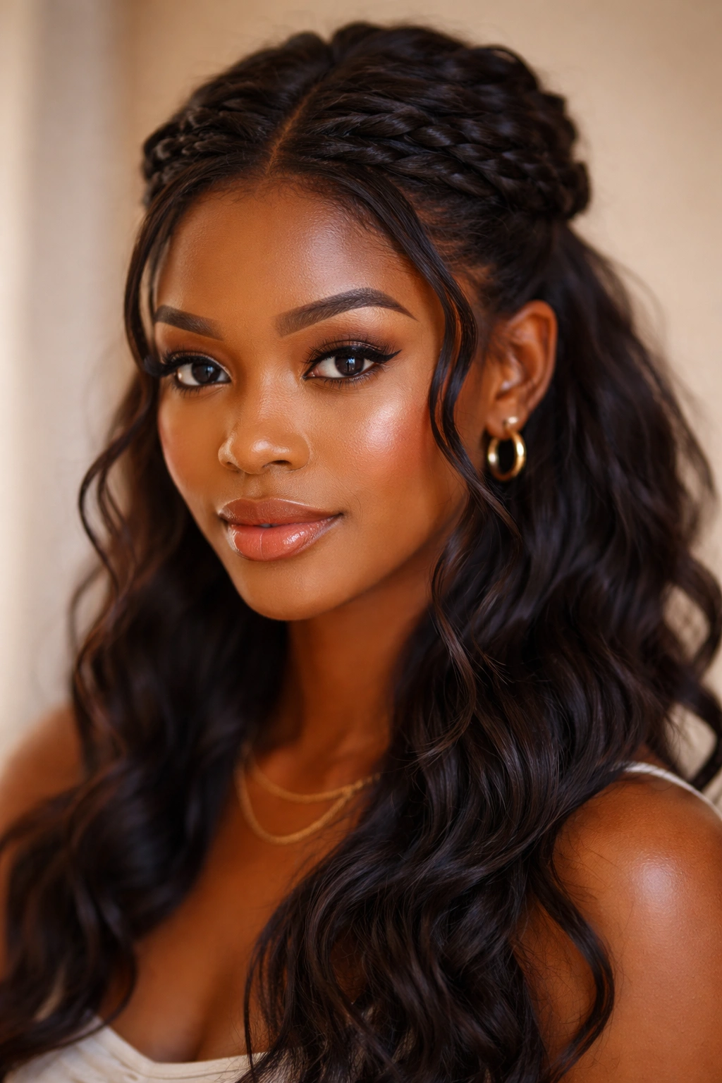 Black woman with a twisted crown hairstyle and face-framing tendrils
