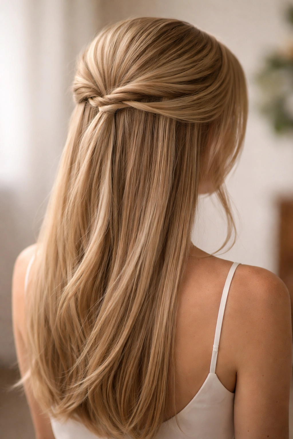 Twisted crown hairstyle with backcombed crown on straight hair
