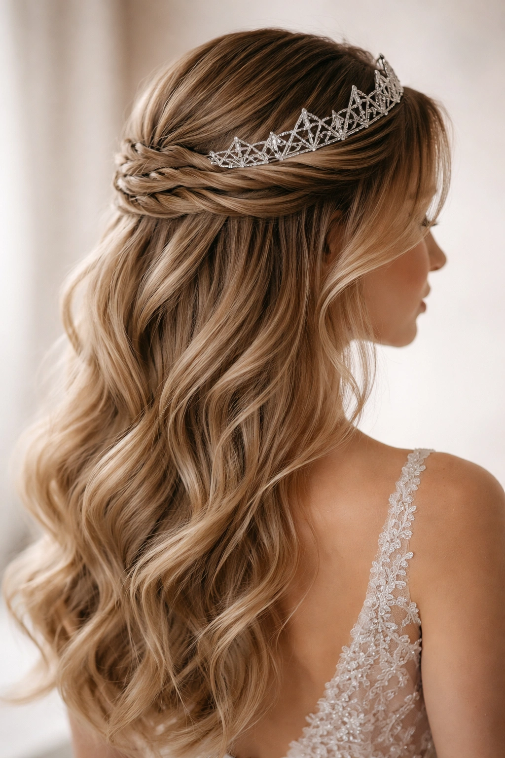 Side view of twisted crown half-up hairstyle with geometric tiara.