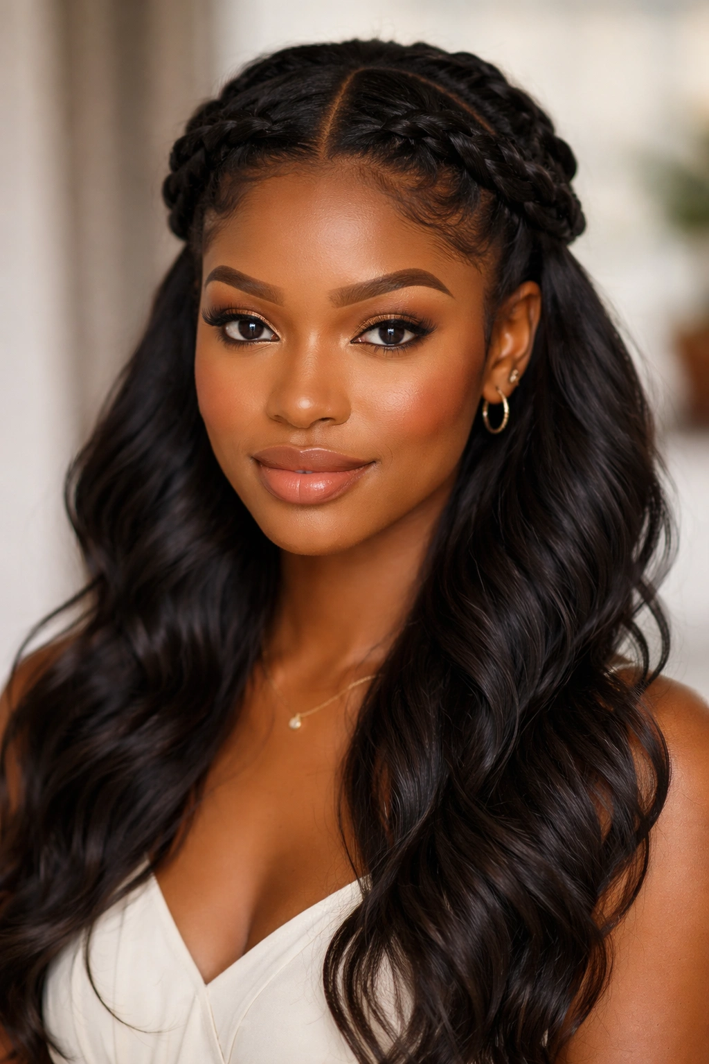 Close-up of a Black woman with twisted crown half updo