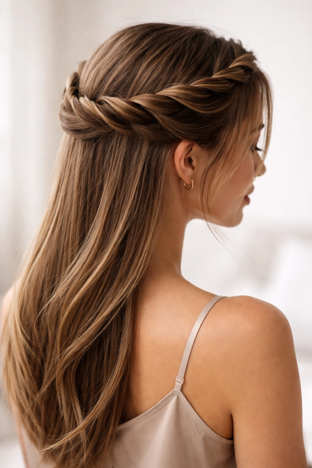 Twisted crown hairstyle with hair spiraling around the crown