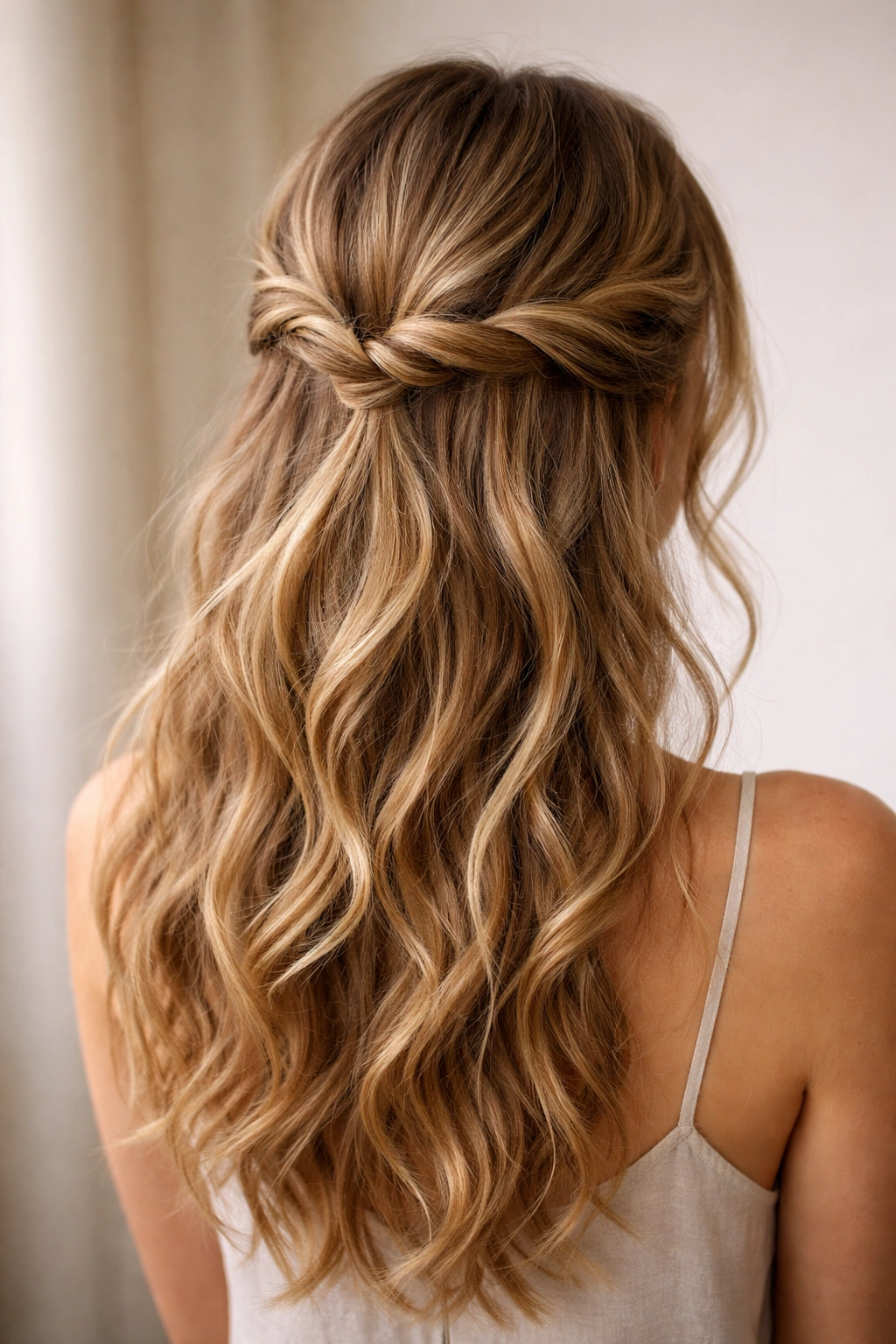 Back view of a crown twisted updo with loose ends and waves.