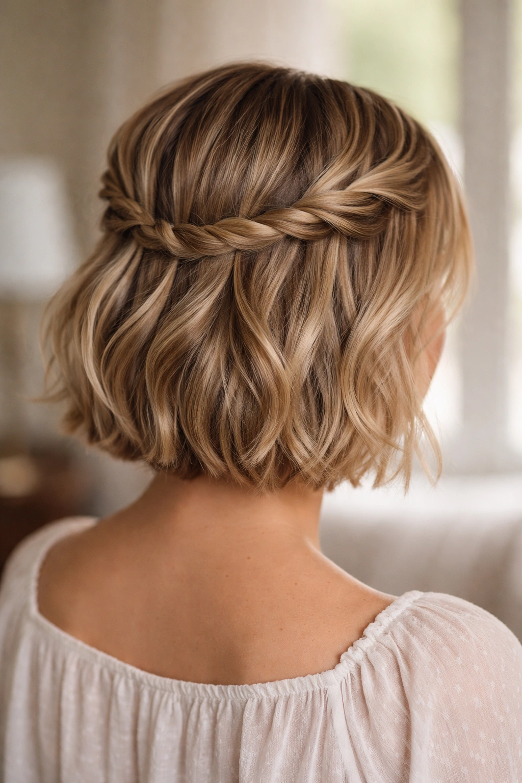 Two twists above each ear forming a crown look on short hair