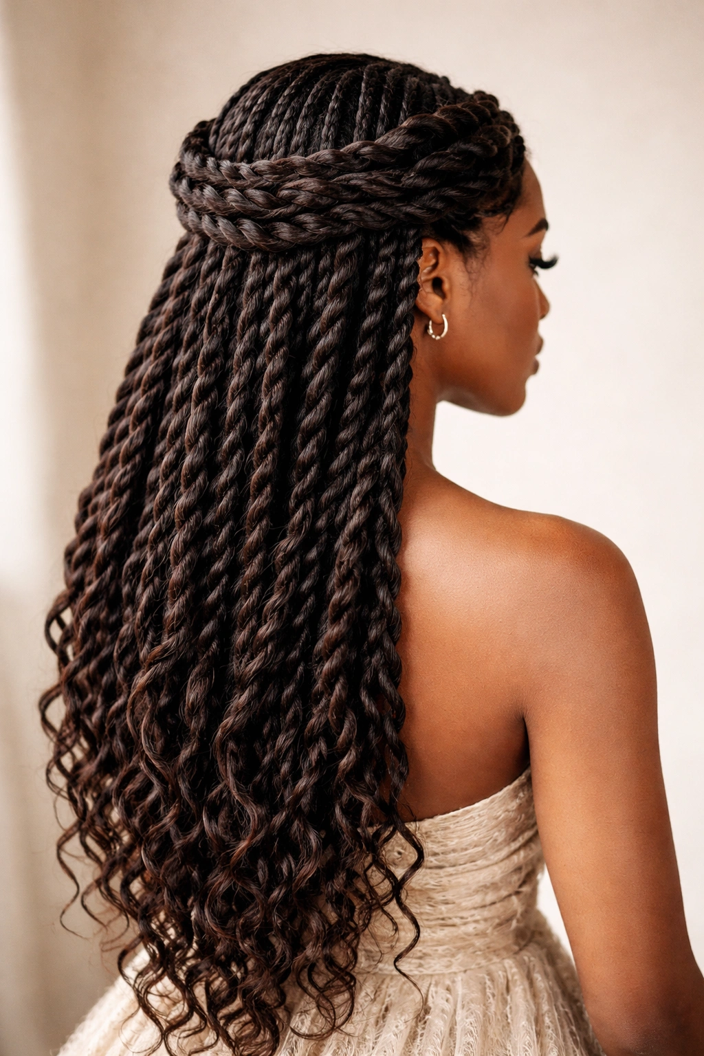 Close-up of a model's head featuring a twisted crown with waterfall twists.
