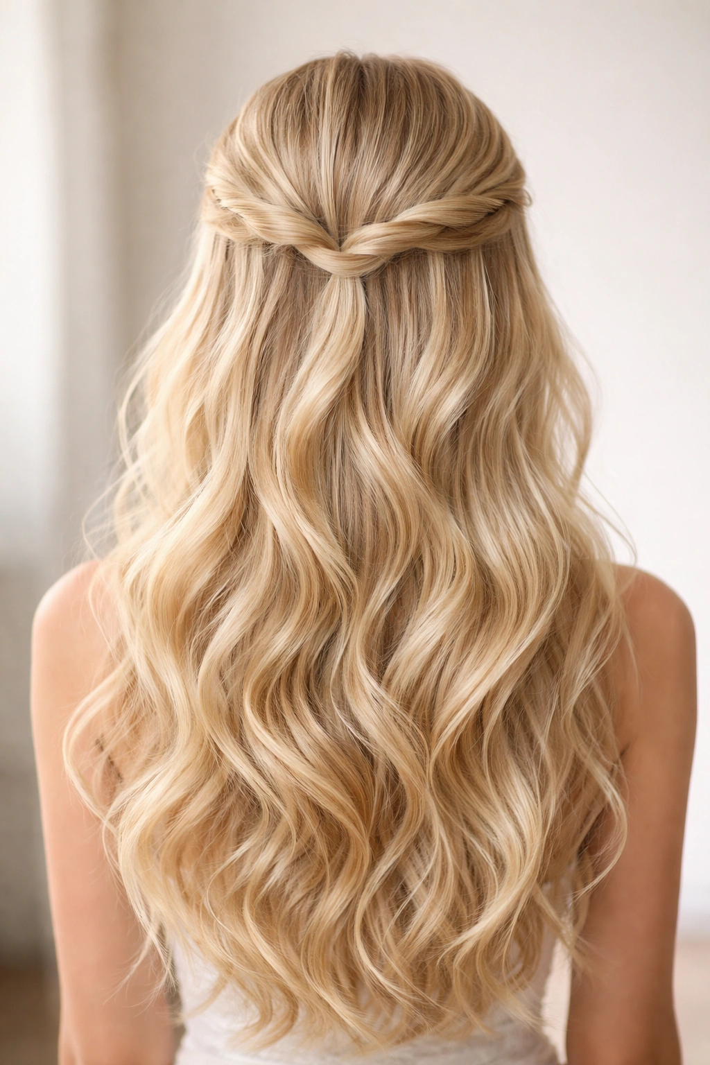 Close-up of a blonde hairstyle with a romantic twisted crown and cascading waves