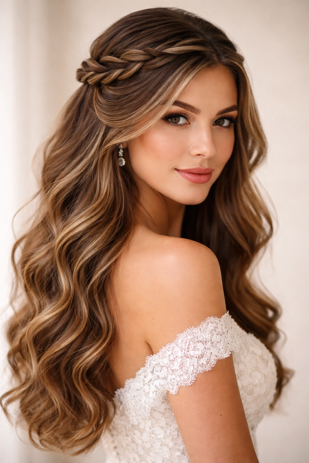 Close-up of twisted crown with loose waves on thick hair