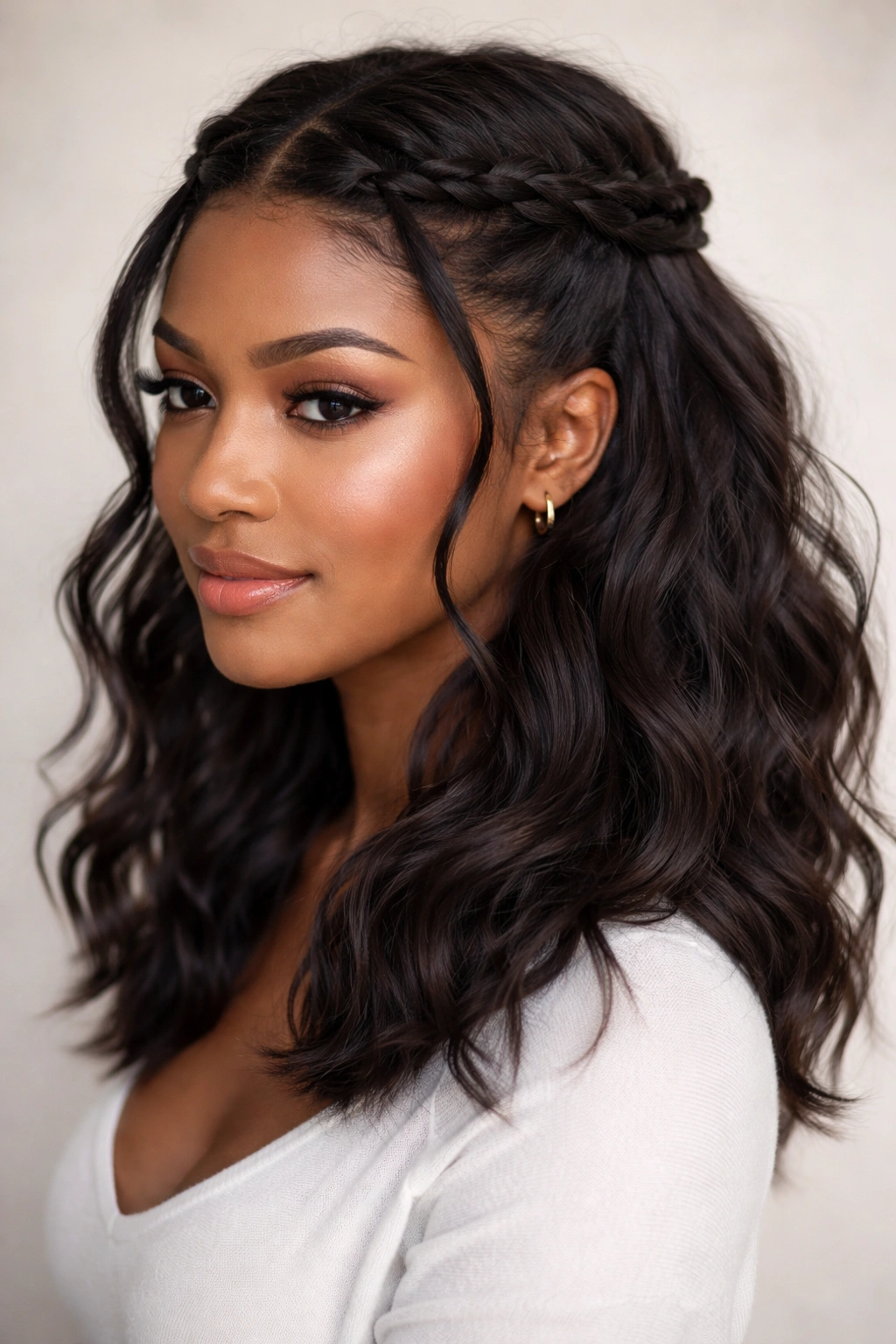 Two twists crown with loose waves on short hair.