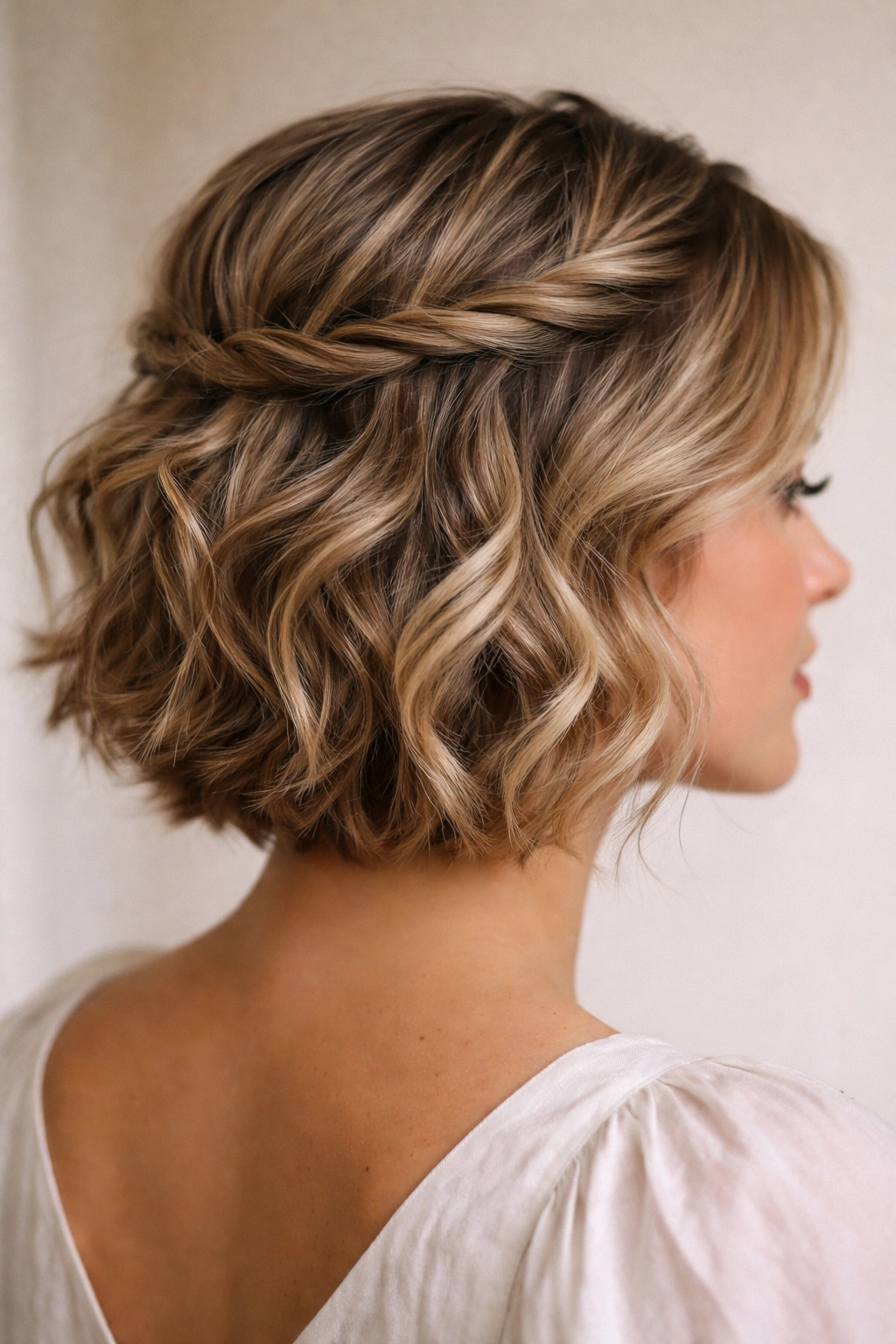 Close-up of a short wavy hairstyle with a twisted crown and loose waves