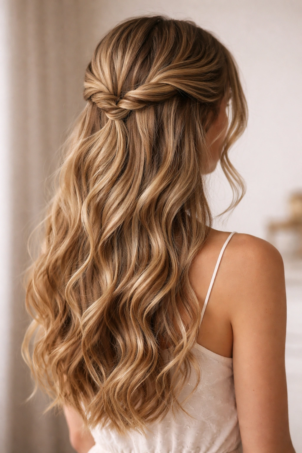 Close-up view of soft twisted crown hairstyle on wavy hair