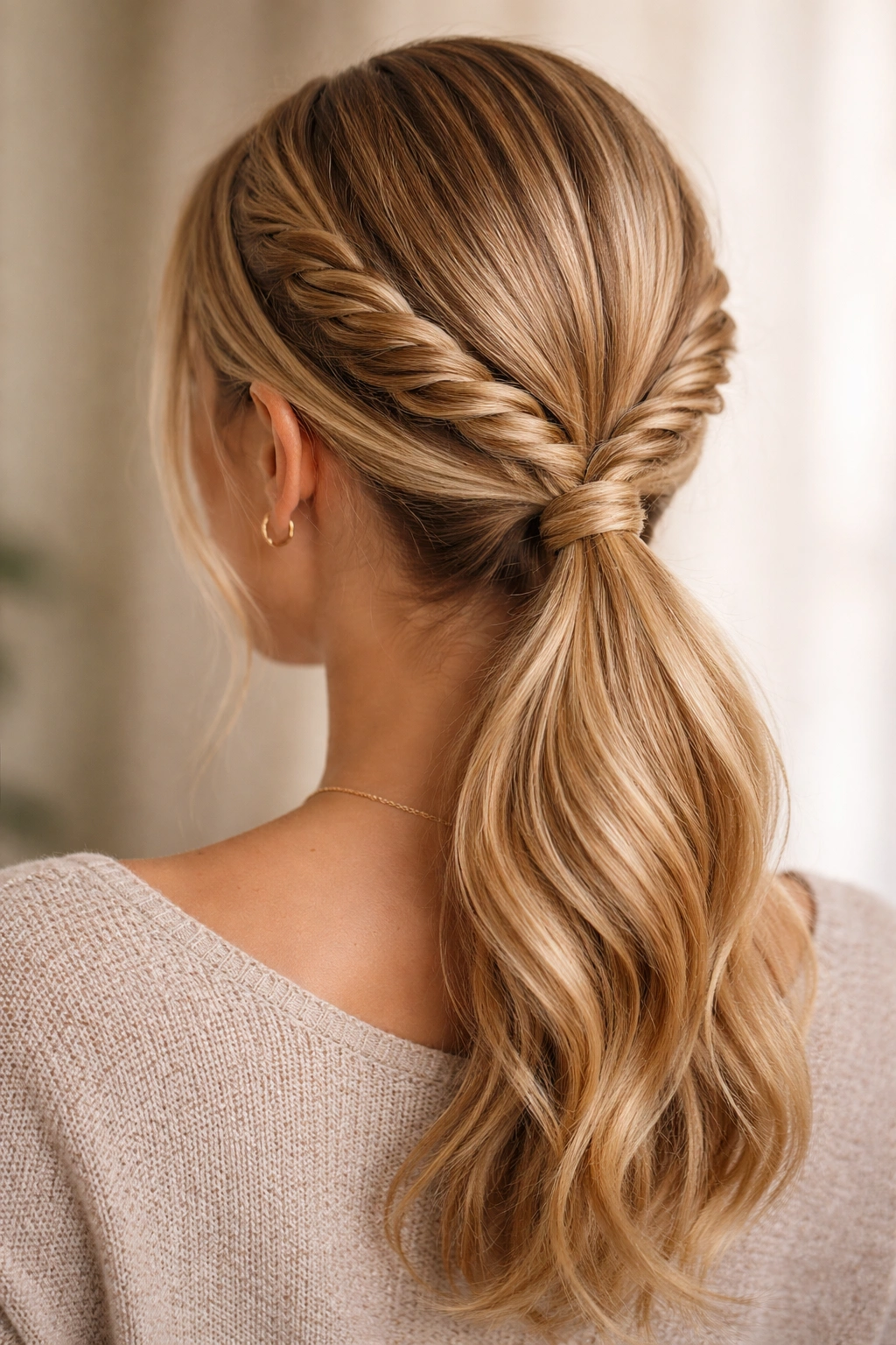 Twisted double braid low ponytail showing rope twists merging into a low ponytail