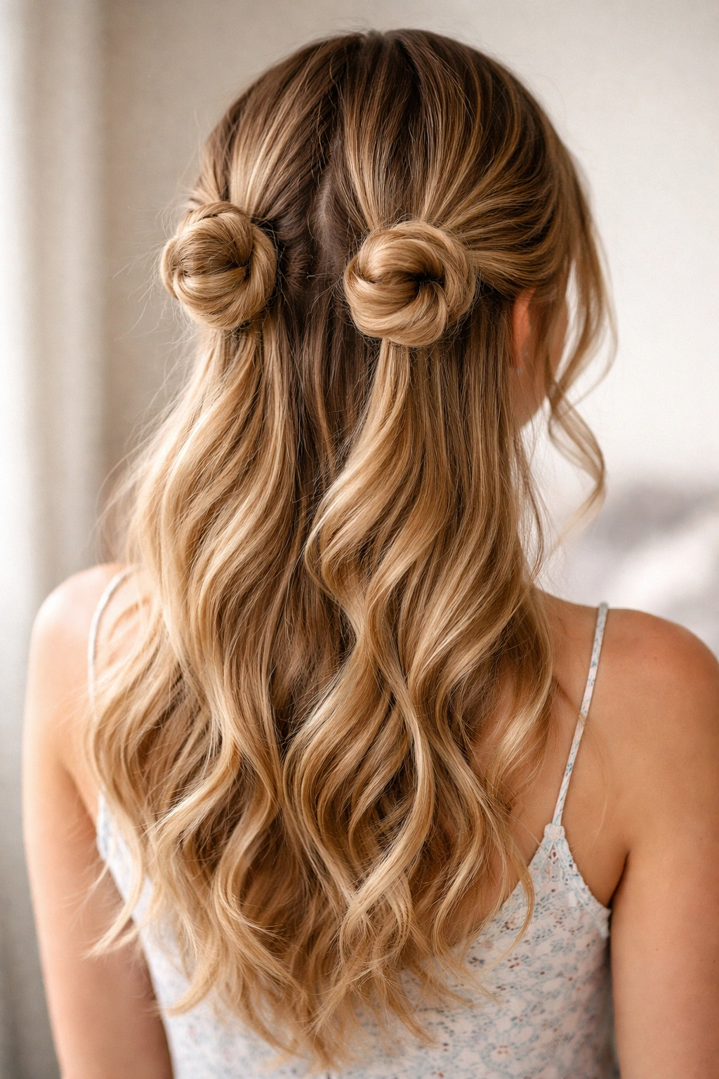 Two small twisted buns on each side at the back with hair down