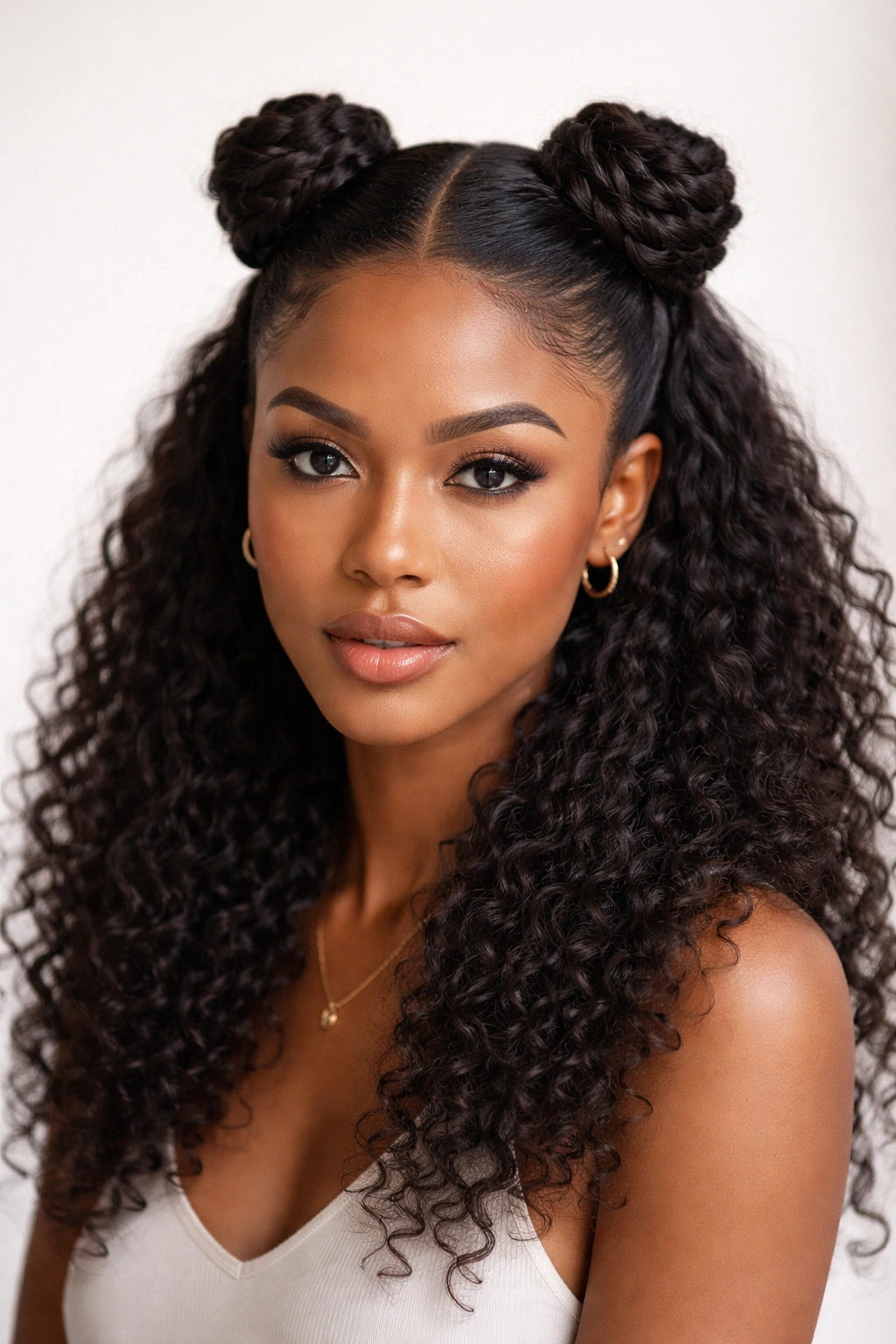 Symmetric twisted double buns on either side of crown