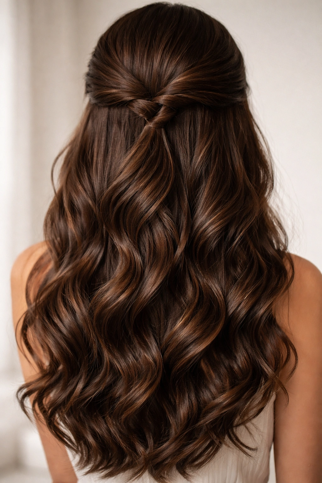 Back view of double twisted crown with cascading brown waves