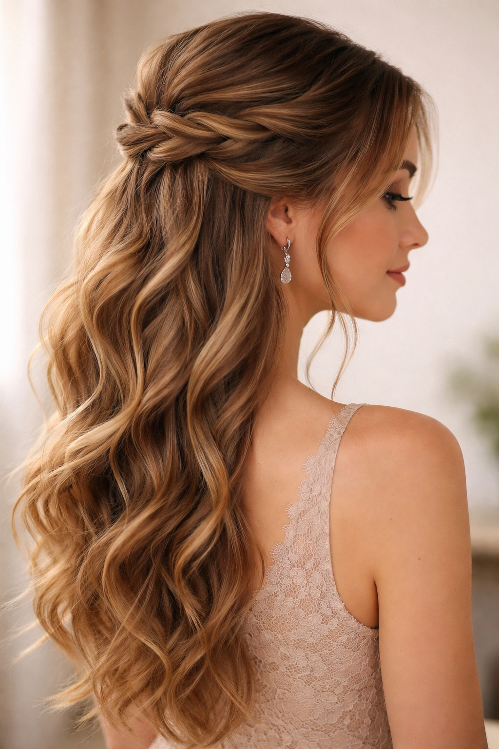 Two twisted half-up sections pinned at different heights in romantic style