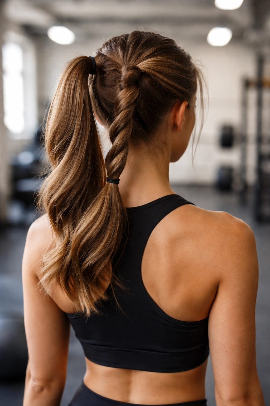 Two high ponytails twisted together at the crown for secure hold.