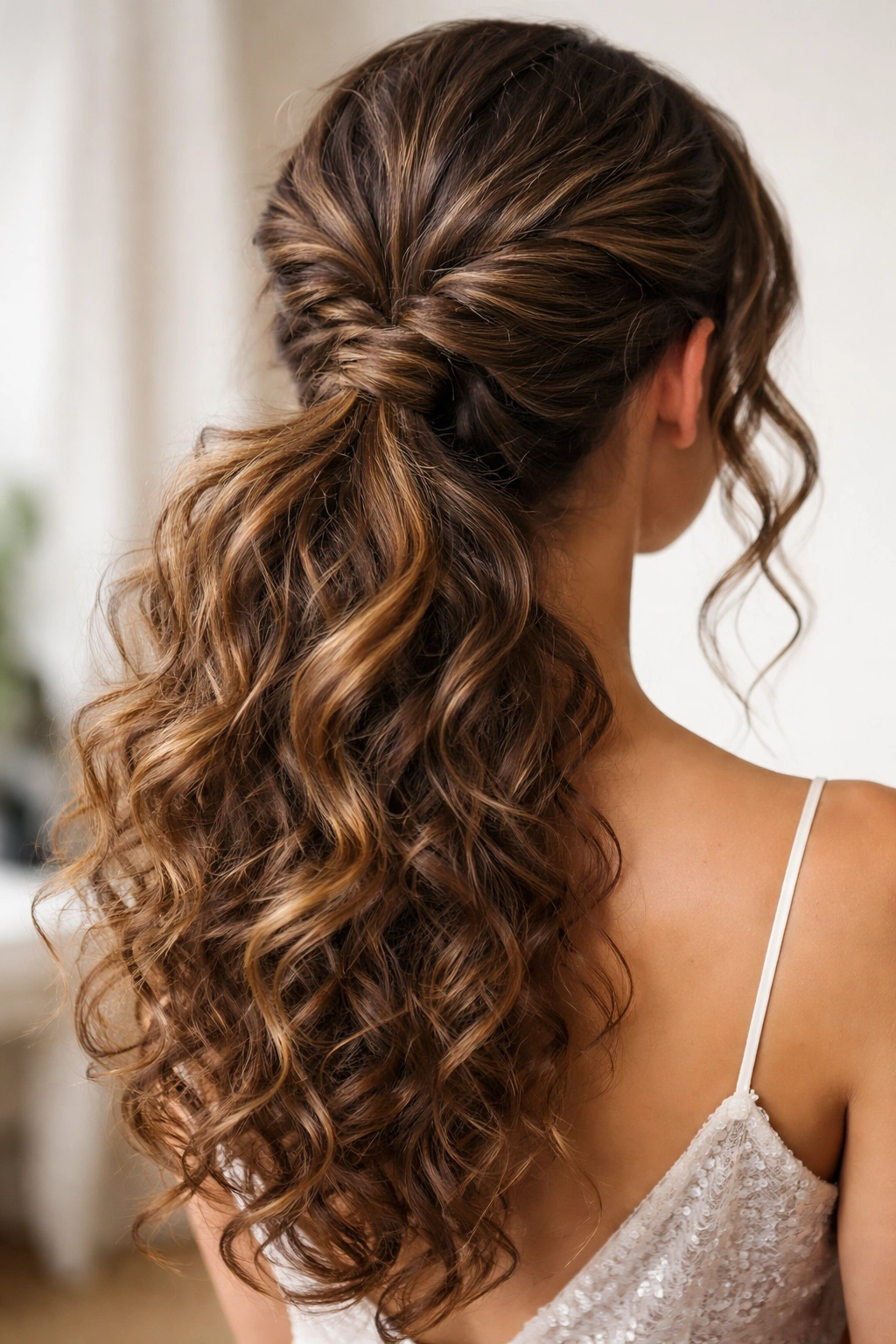 Two loose twists pulled to back and joined by a central twist forming a double ponytail silhouette