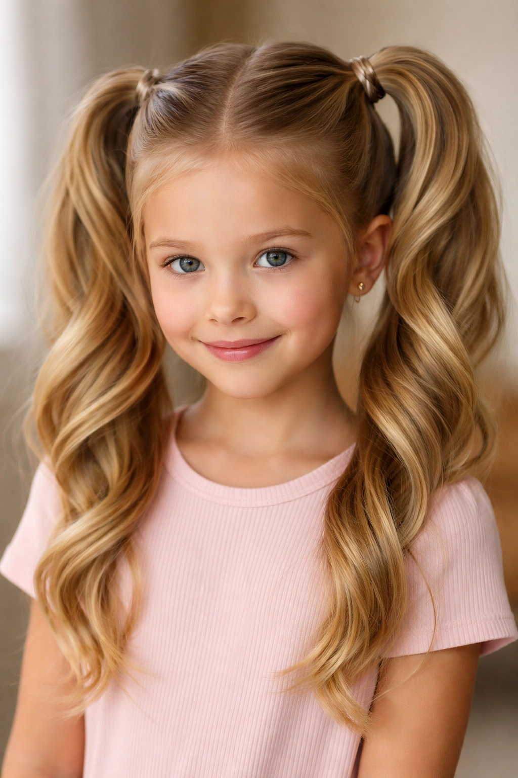 Front view of twisted double ponytails with spiraling twists
