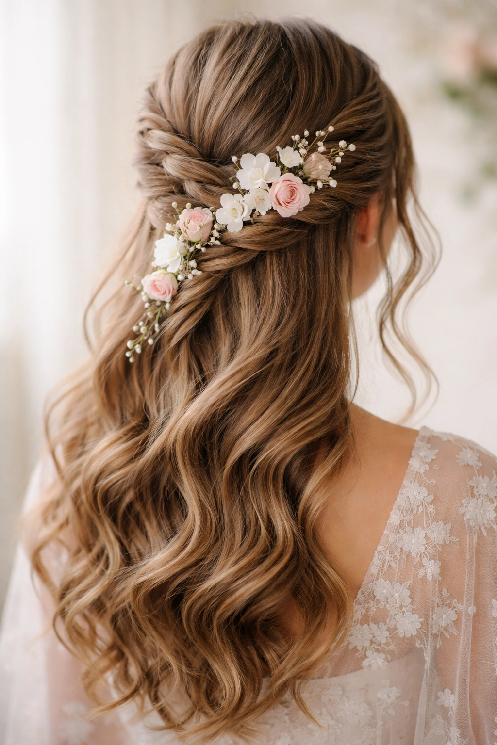 Twisted Dutch braid with flowers woven into the twist