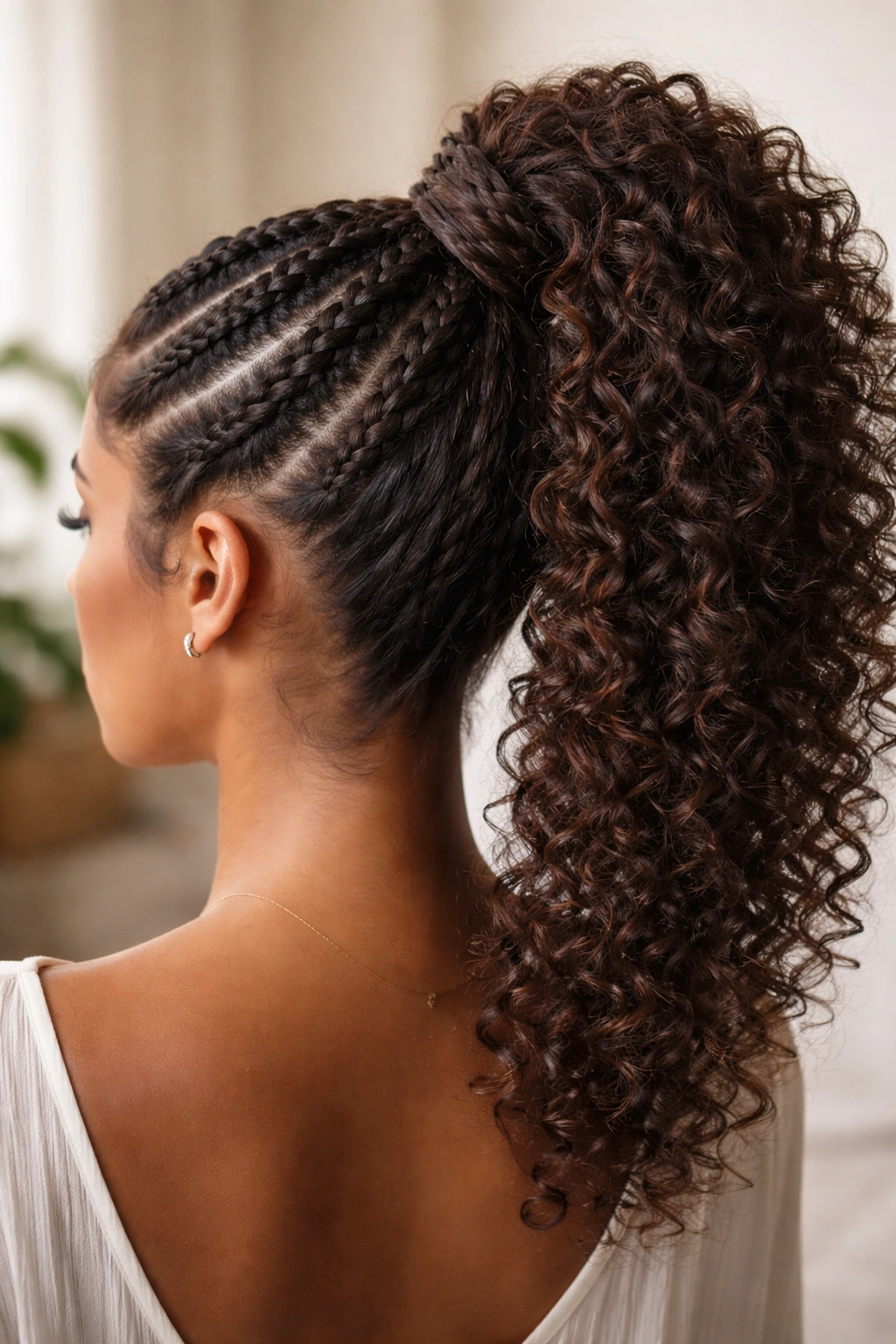 Twisted feed-in hybrid with a wrapped ponytail on curly hair