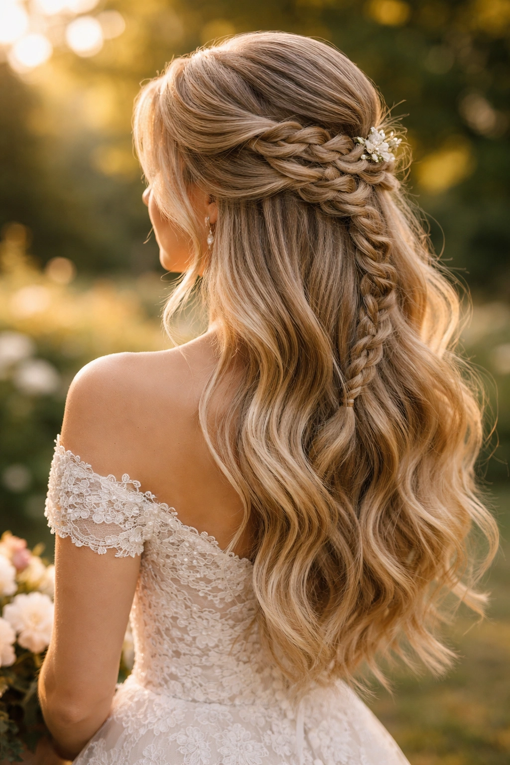 Twisted fishtail half updo with soft waves in a garden light