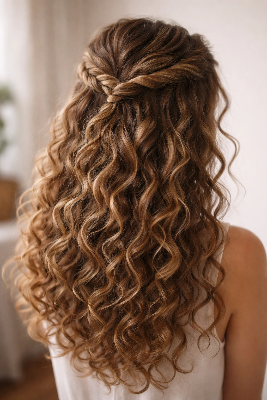 Crown twist french braid half up with spiral rope-like braid and loose curls