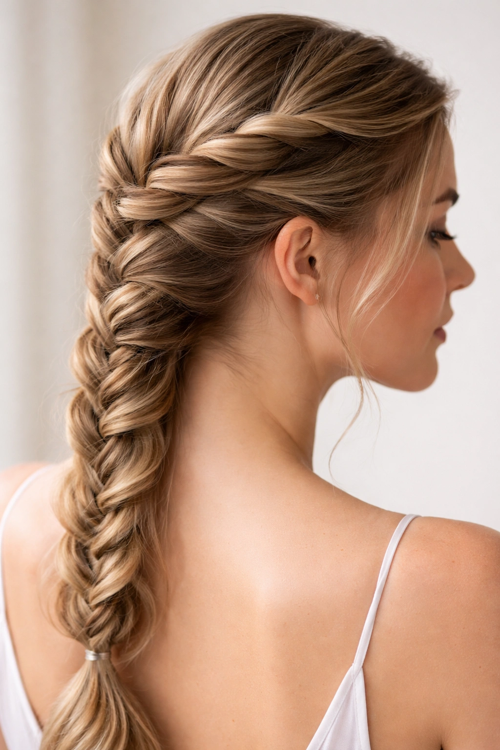 Rope-like twisted French braid with delicate texture along the head