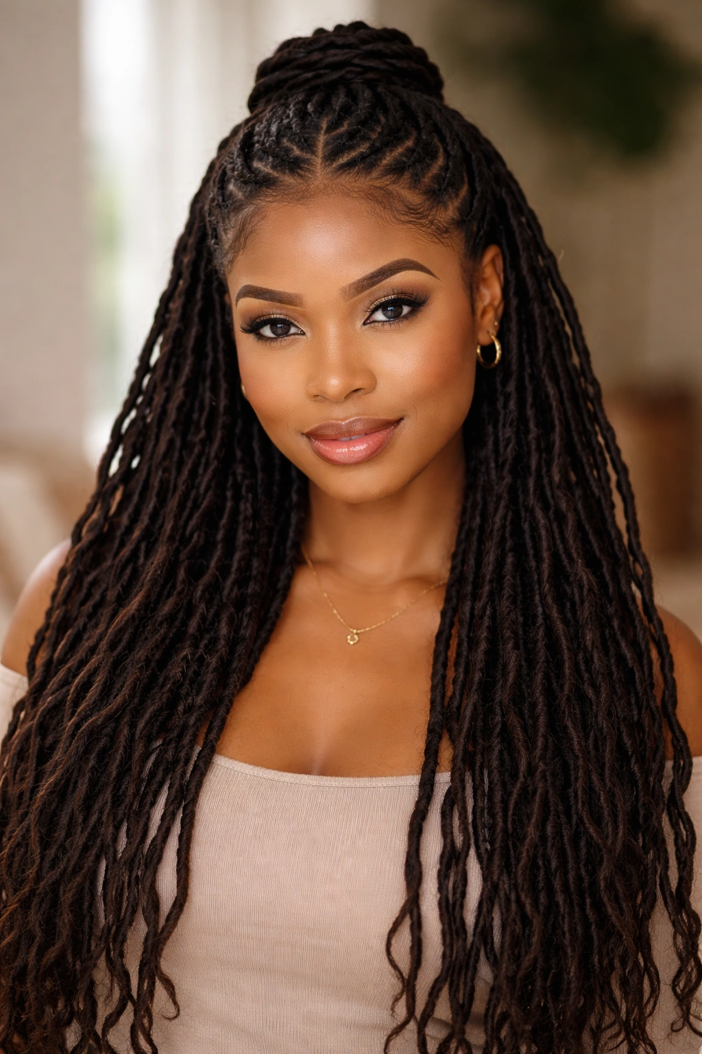 Front view of a Black woman with twisted front sections half up framing the face