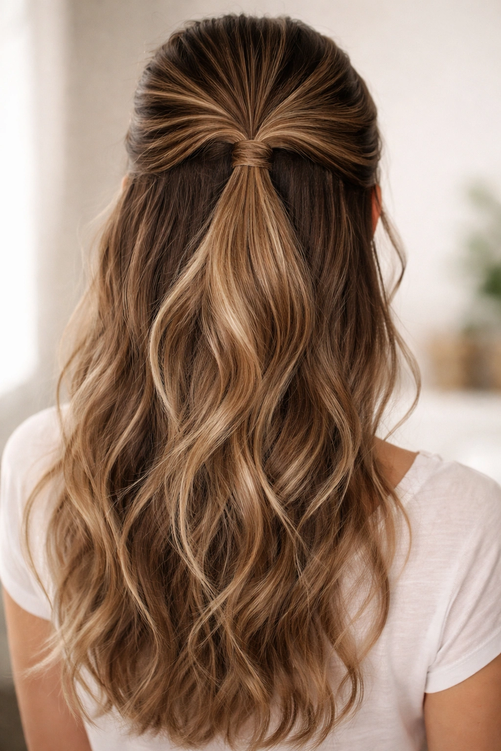 Softly twisted front sections integrated into V-part half-up hairstyle