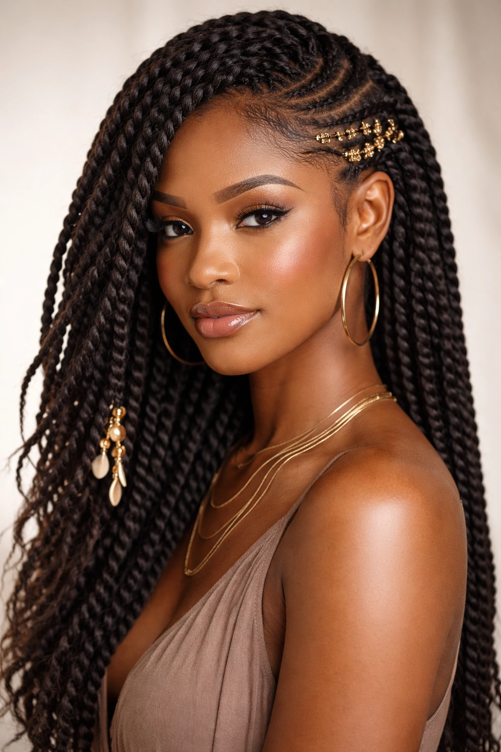 Close-up of twisted Fulani crochet braids with a side design