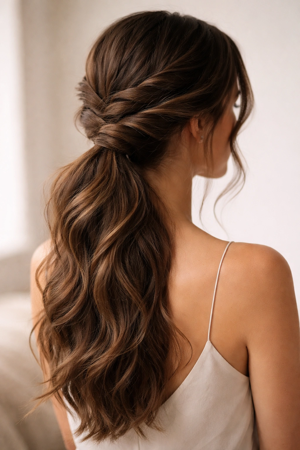 Twisted goddess texture forming a low ponytail