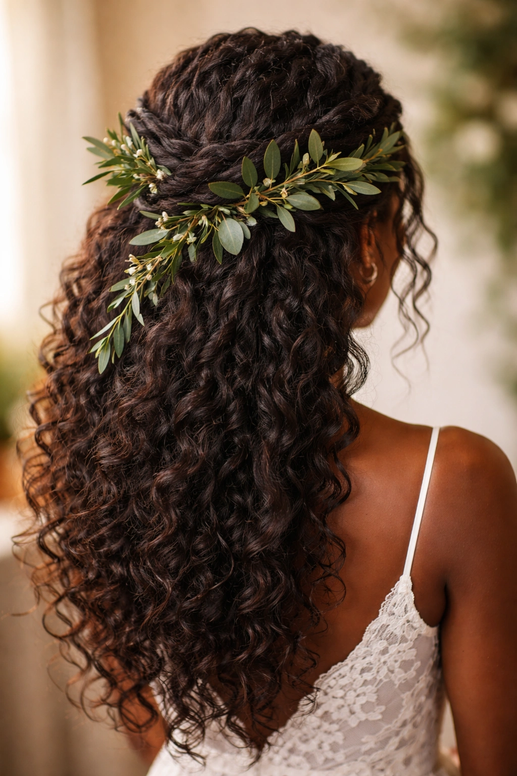Twisted crown with interlaced greenery in natural hair