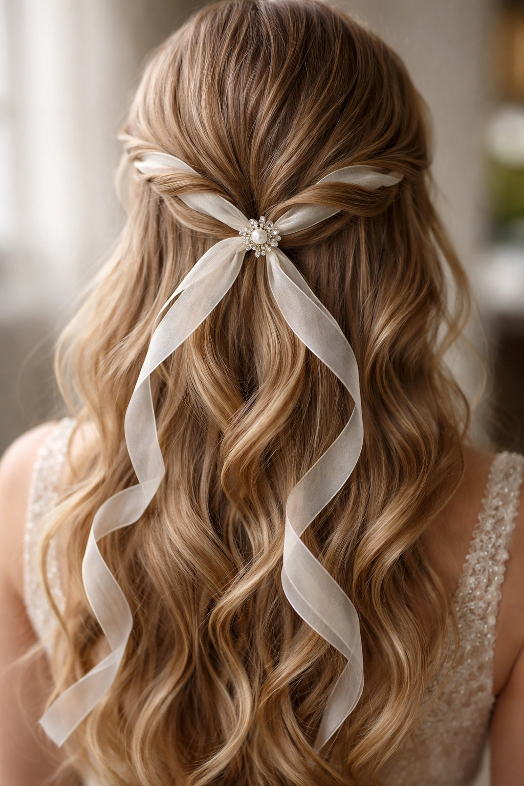 Close-up of twisted half-up hairstyle with ribbon and pearl accent