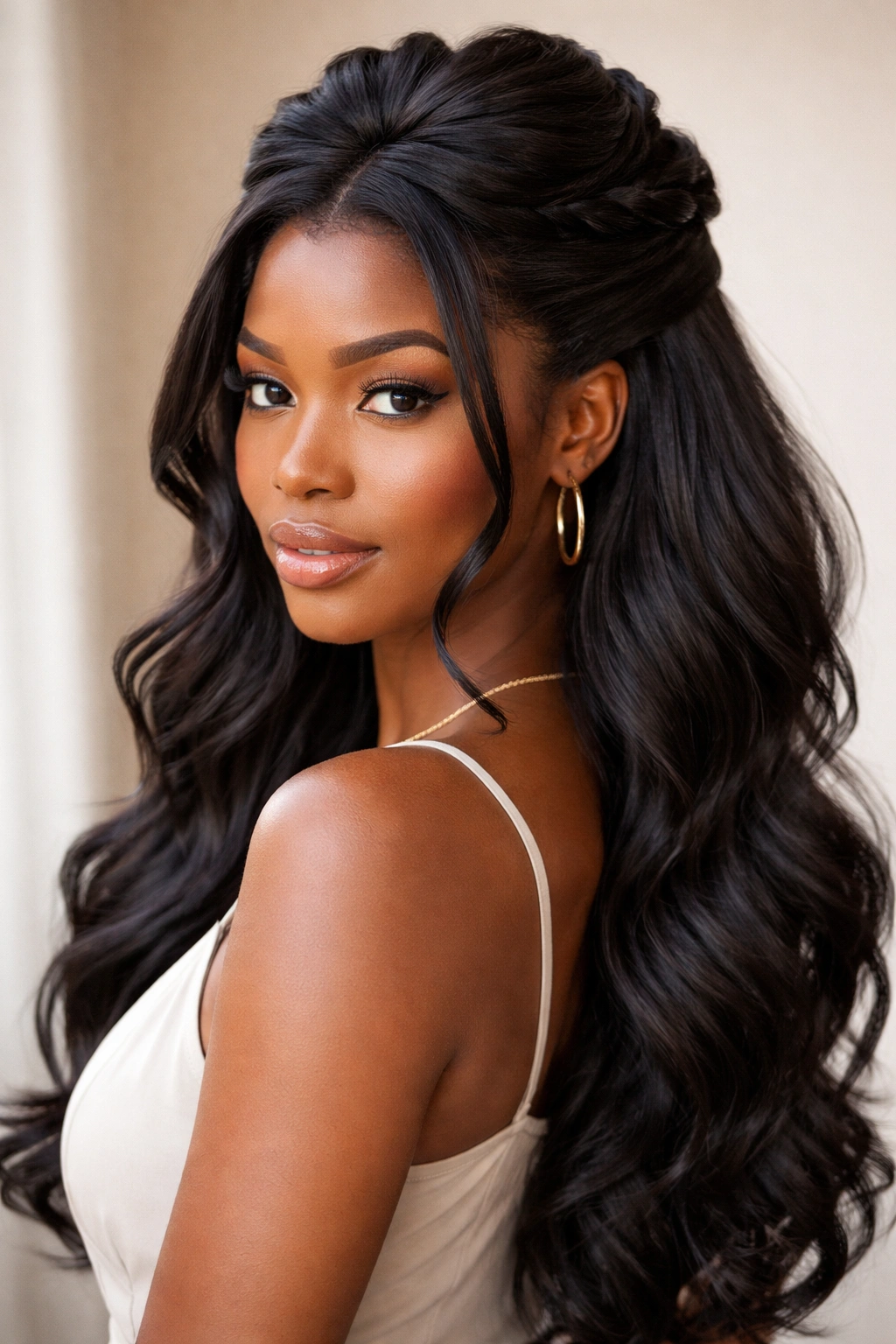 Twisted hair with voluminous crown and flowing lower section