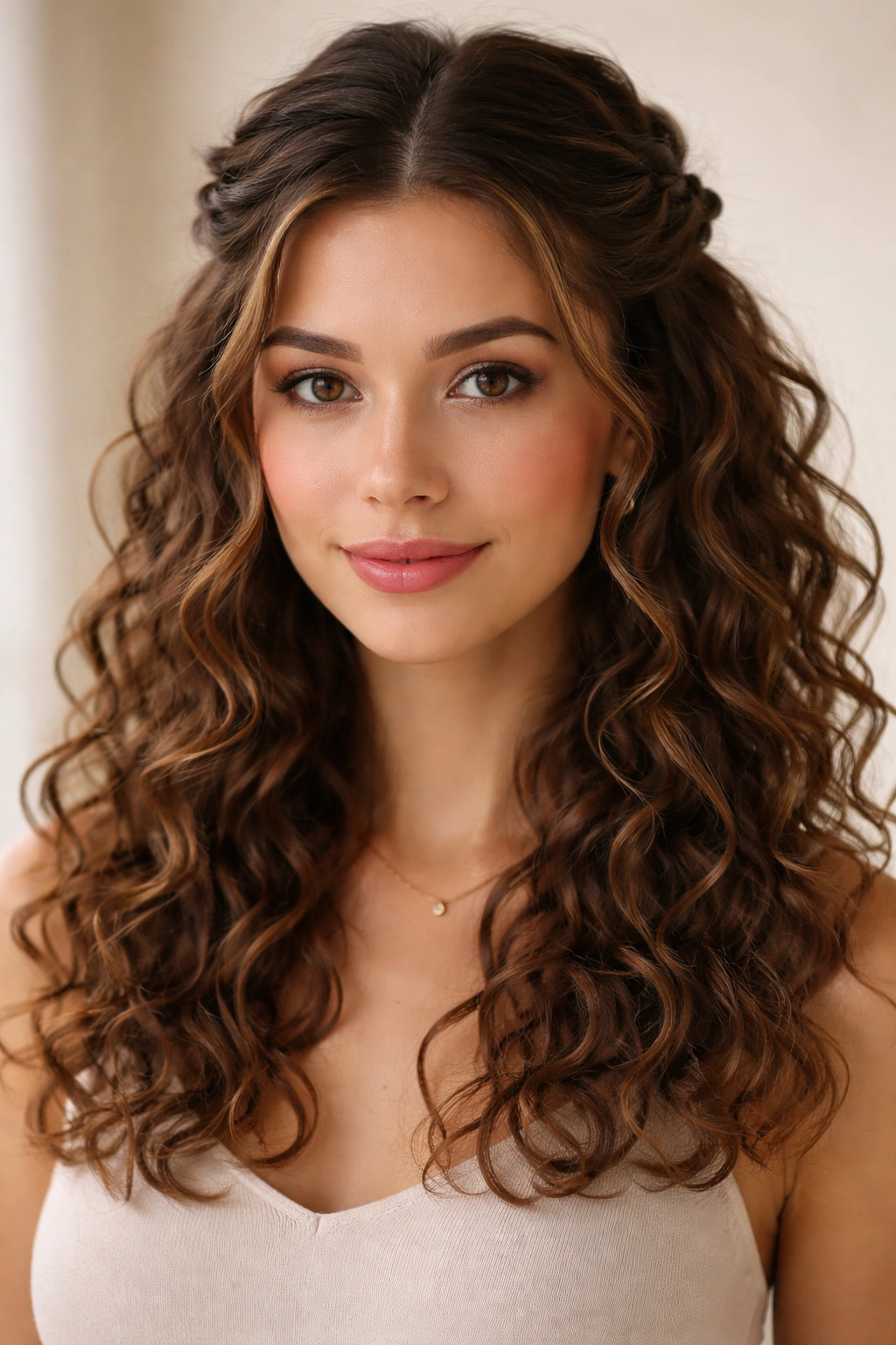 Close-up of a twisted half up half down hairstyle on curly hair, soft waves below.