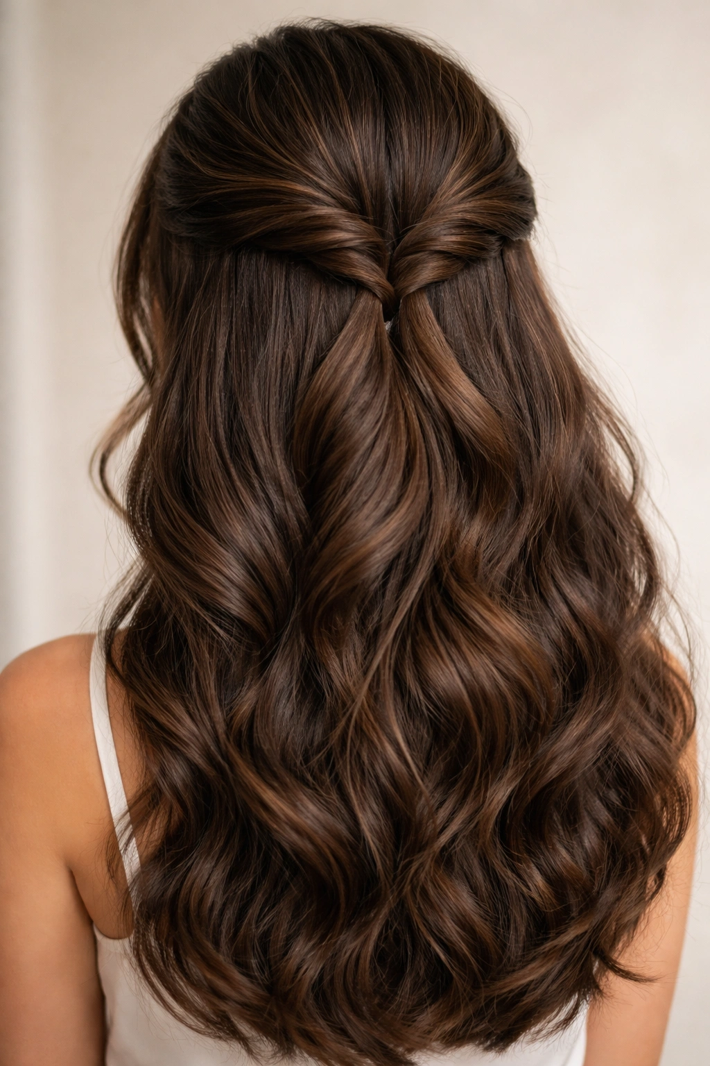 Front view of thick hair twisted on both sides and joined at the crown in a half-up