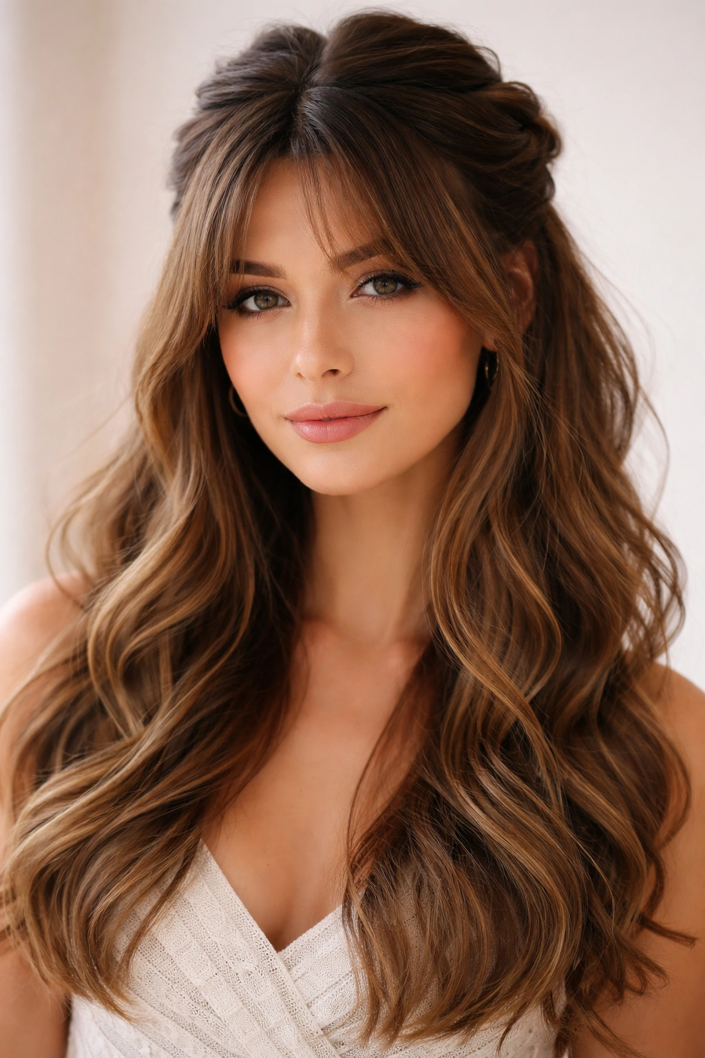 Close-up of twisted half knot with curtain bangs.