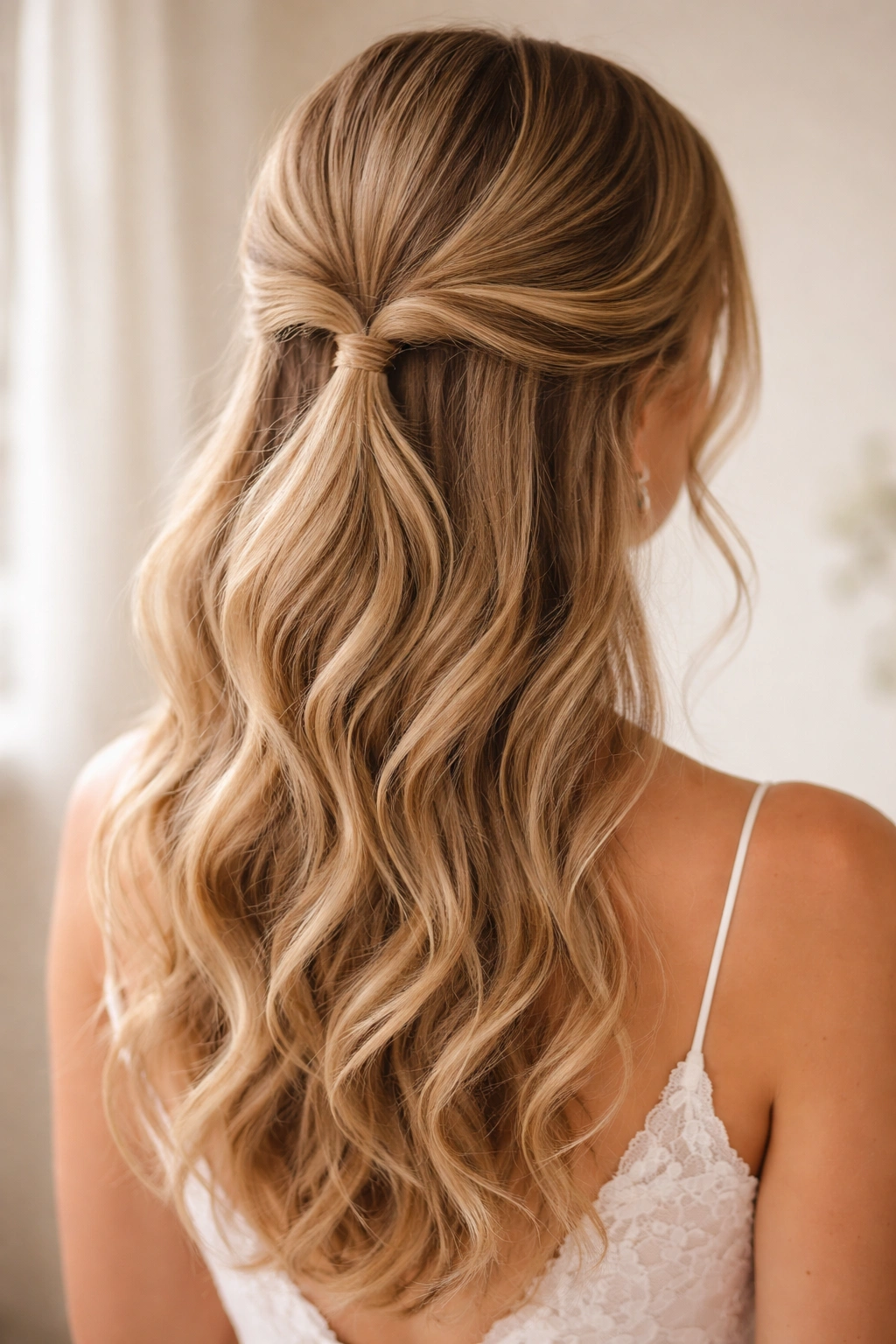 Close-up of classic twisted half-ponytail hairstyle with crown twists catching light