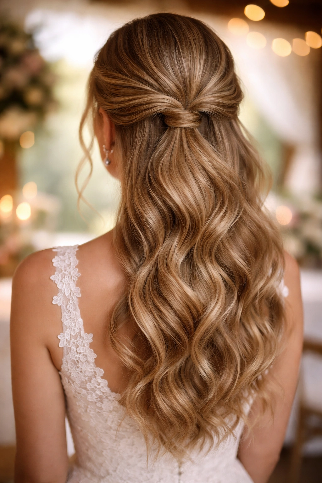 Close-up of a classic twisted half ponytail with loose waves on a bridal model
