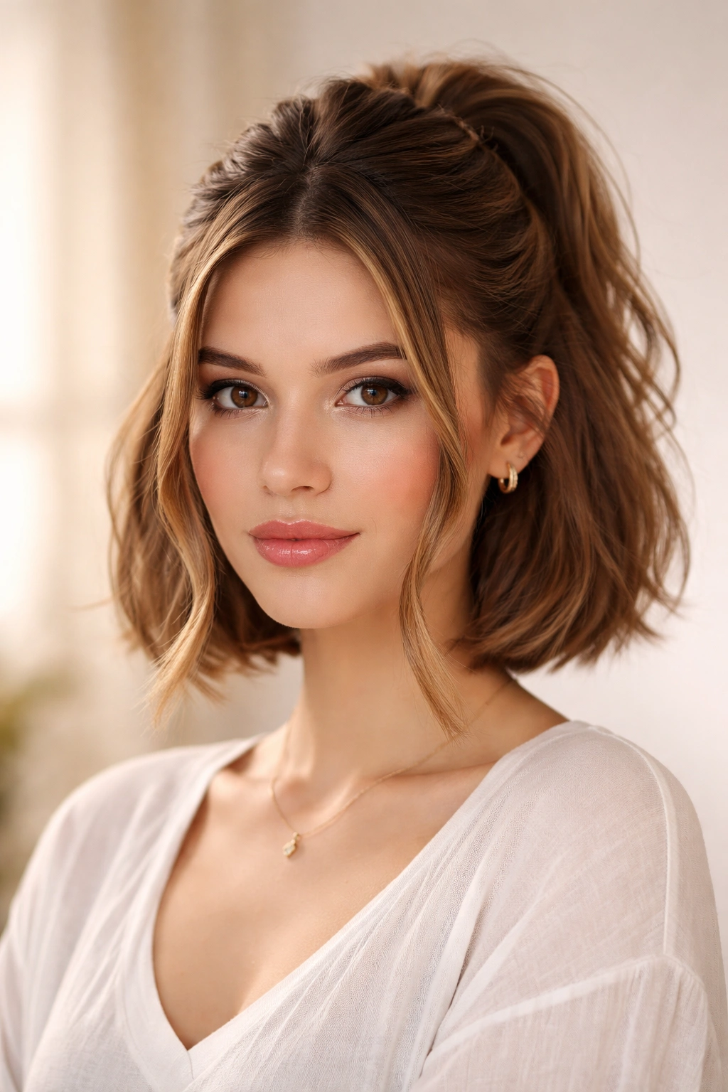 Twisted half ponytail with face-framing twists joining crown