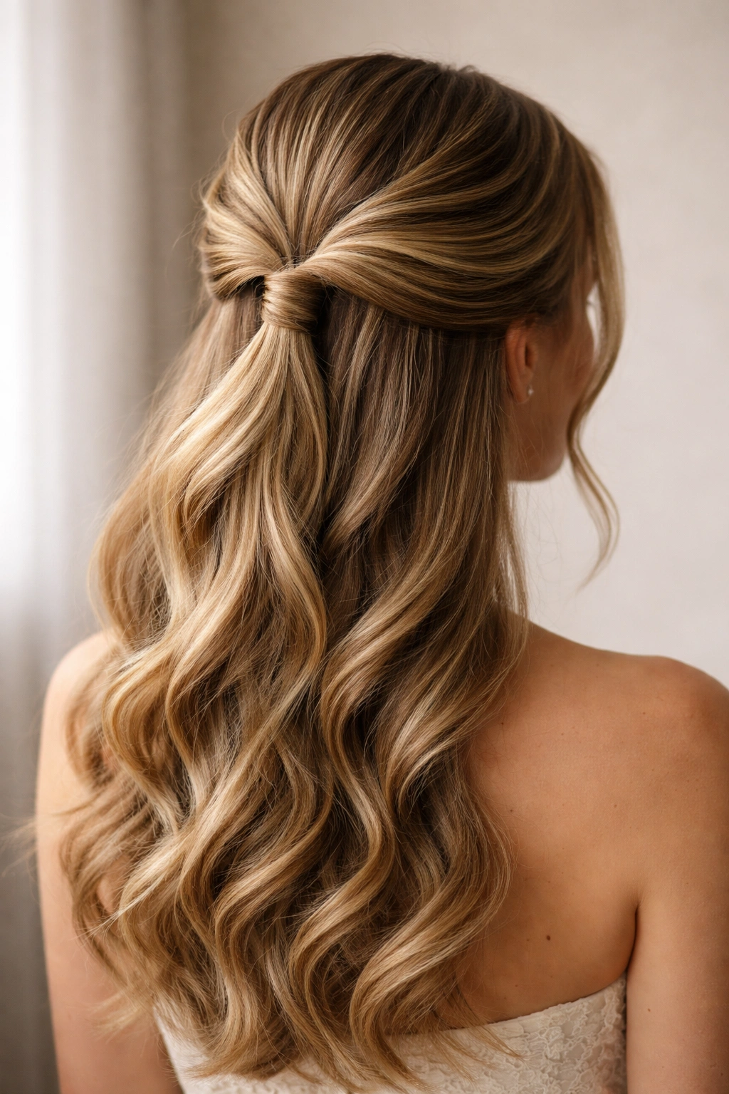 Close-up of Classic Twisted Half Ponytail with crown twists and flowing lower hair