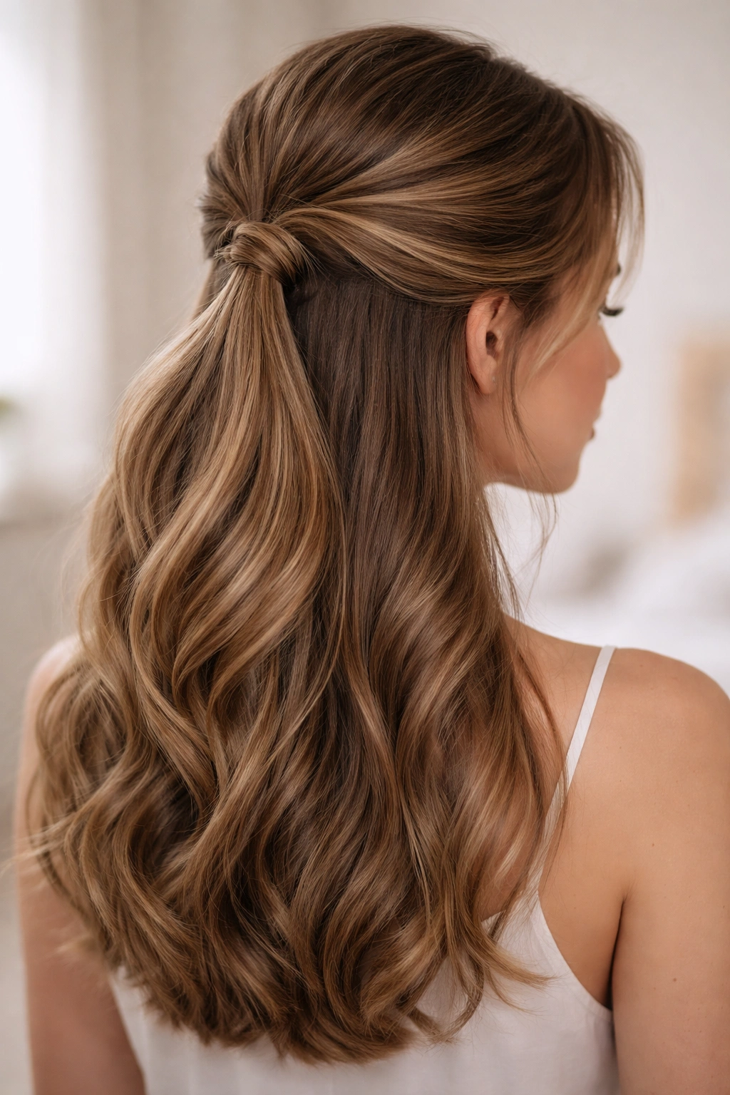 Close-up of a classic twisted half ponytail with twists meeting at the crown