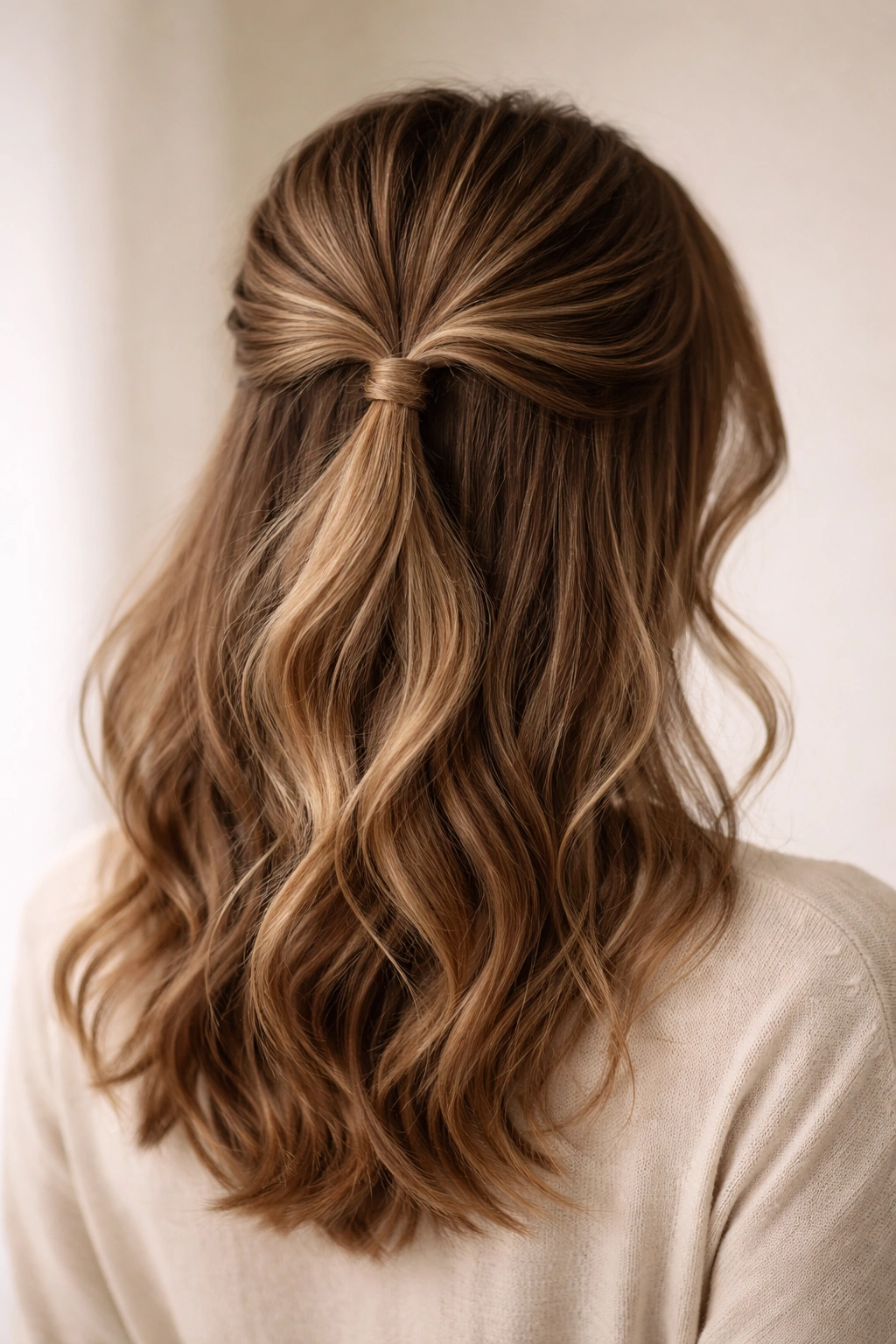 Close-up of a loose twisted half ponytail highlighting the crown twist and casual elastic.
